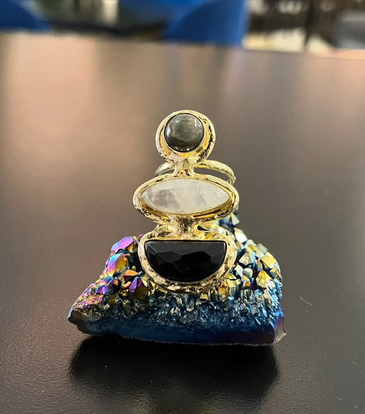 BRASS+MOONSTONE+ ONYX+  LABRADORITE TRINITY RING
