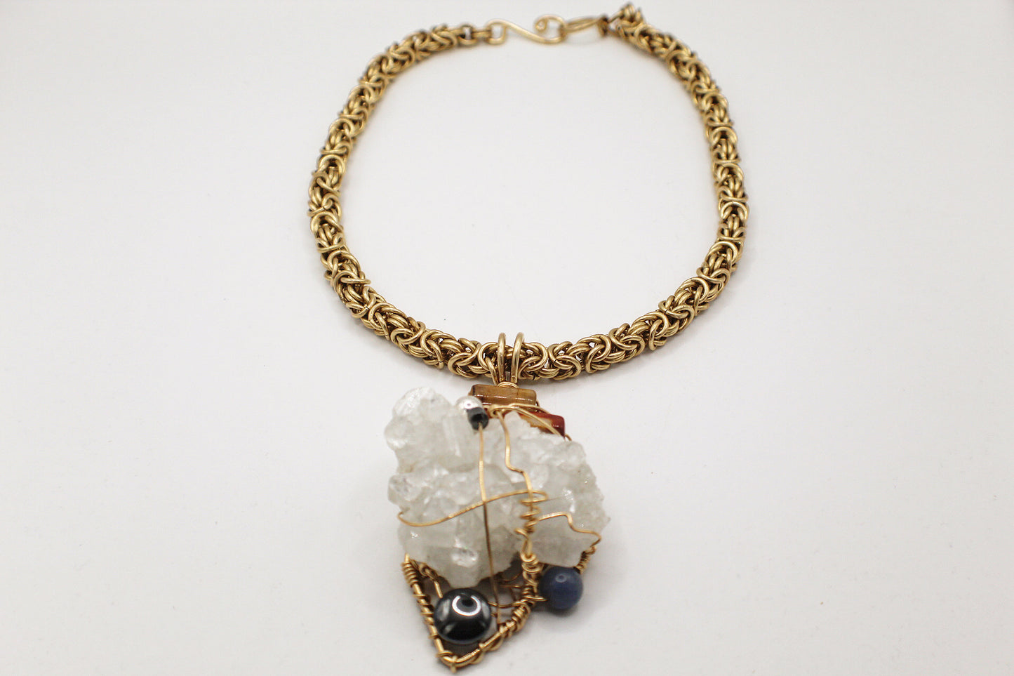 BRONZE+APOPHYLITE+MOOKITE JASPER+HEMATITE+BLUE QUARTZ BYZANTINE LINK NECKLACE