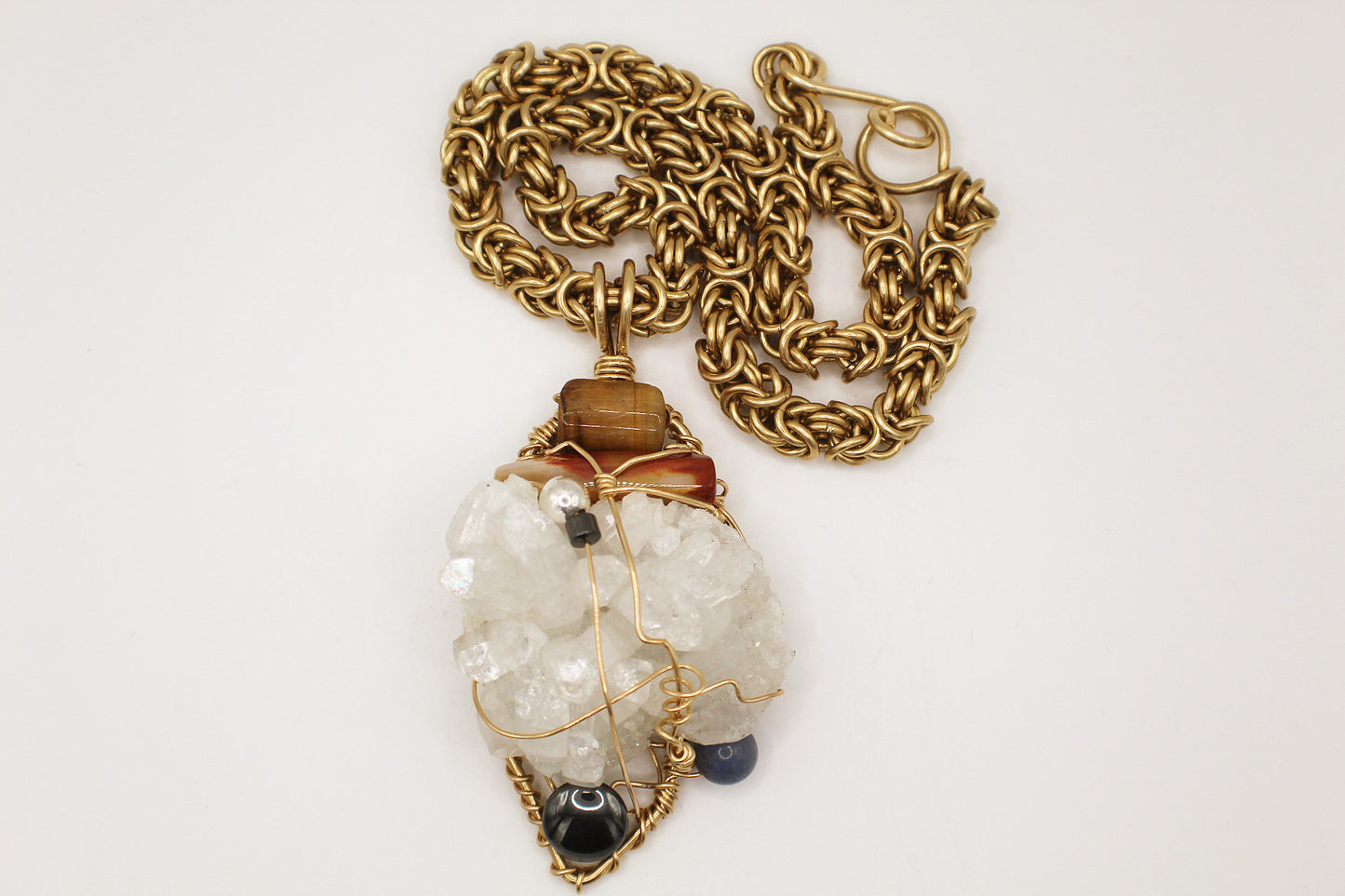 BRONZE+APOPHYLITE+MOOKITE JASPER+HEMATITE+BLUE QUARTZ BYZANTINE LINK NECKLACE