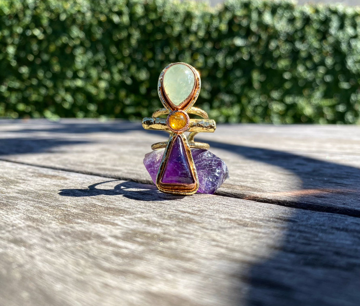 ✨BRAND NEW✨ BRASS+COPPER+PREHNITE+AMBER+AMETHYST ANKH RING