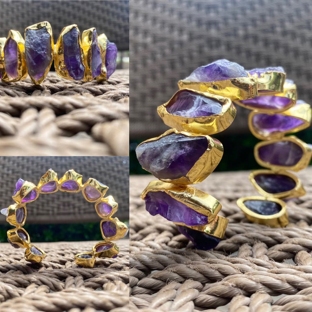 BRASS+AMETHYST MULTI-STONE CUFF  BRACELET