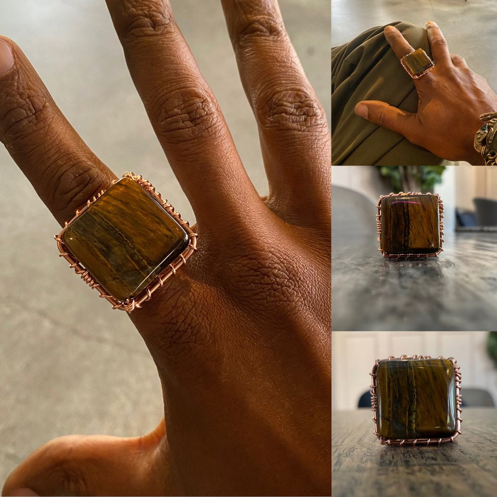 COPPER+SQUARE TIGERS EYE RING