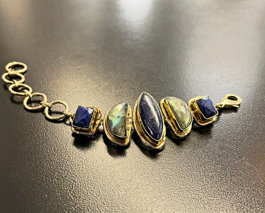 BRASS+LAPIS LAZULI+LABRADORITE LINK BRACELET