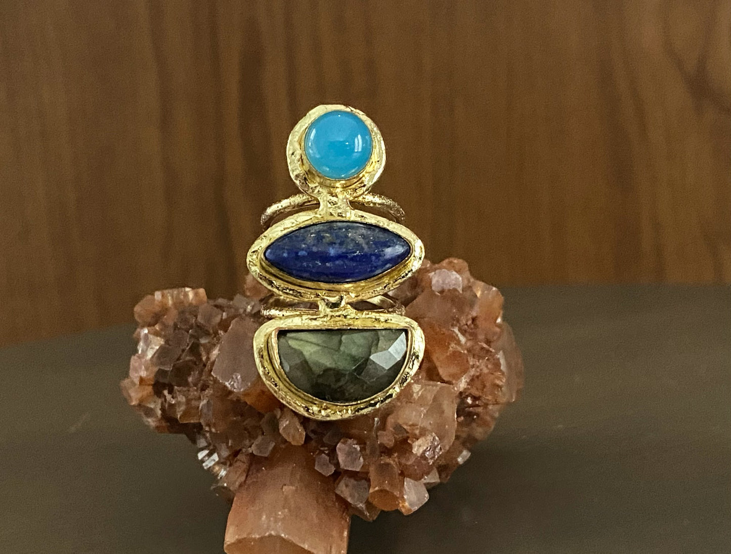 BRASS+CHALCEDONY+LAPIS LAZULI+LABRADORITE TRINITY RING