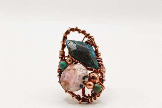 COPPER+APATITE+RHODOCHROSITE+TURQUOISE PARTY RING