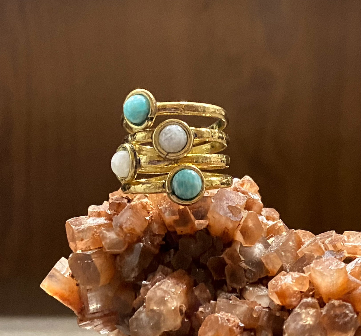 BRASS+MOONSTONE+ AMAZONITE RING