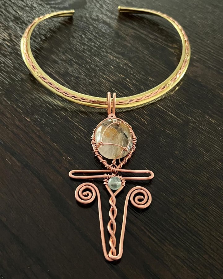 BRASS+COPPER+BRAZILIAN AMPHIBOLE QUARTZ+FLOURITE ANKH NECKLACE