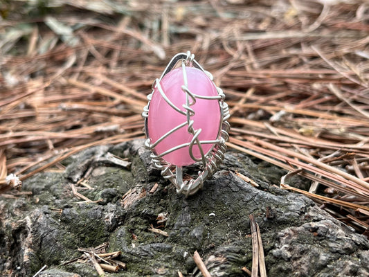 SILVER+PINK CAT’S EYE/SELENITE RING