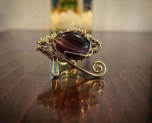 BRONZE+PURPLE CAT’S EYE/SELENITE EYE OF HERU RING