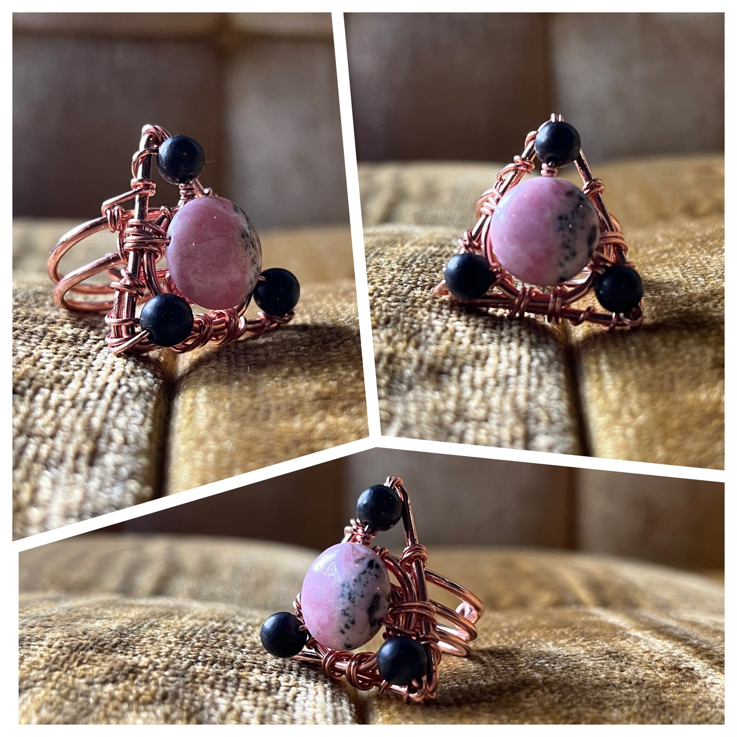 COPPER+RHODOCHROSITE+ SHUNGITE TRIANGLE RING