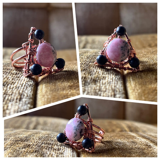COPPER+RHODOCHROSITE+ SHUNGITE TRIANGLE RING