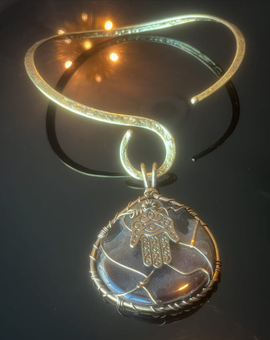 CHOCOLATE JASPER HAND OF FAATIMA NECKLACE IN BRONZE & BRASS