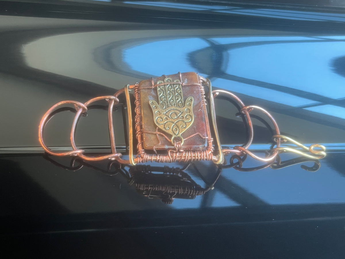 JASPER+HAND OF FATIMA ARCLINK BRACELET IN COPPER+BRONZE
