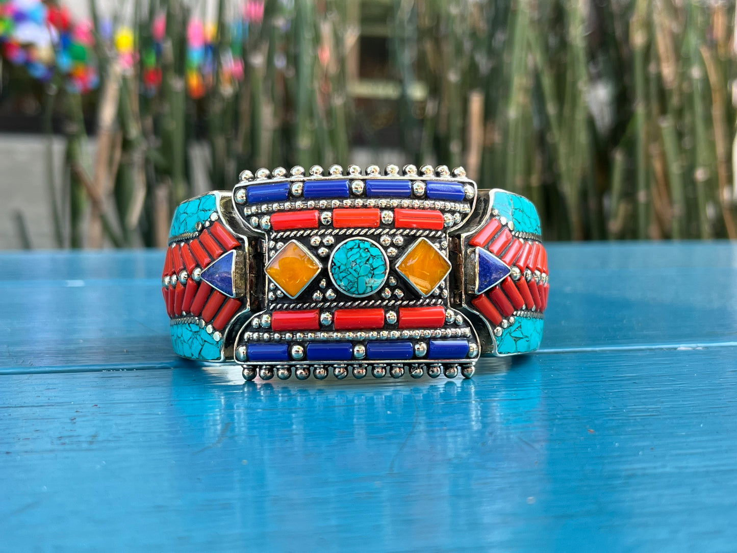 TIBETAN-G SILVER+TURQUOISE+RED CORAL+LAPIS LAZULI+AMBER CUFF BRACELET