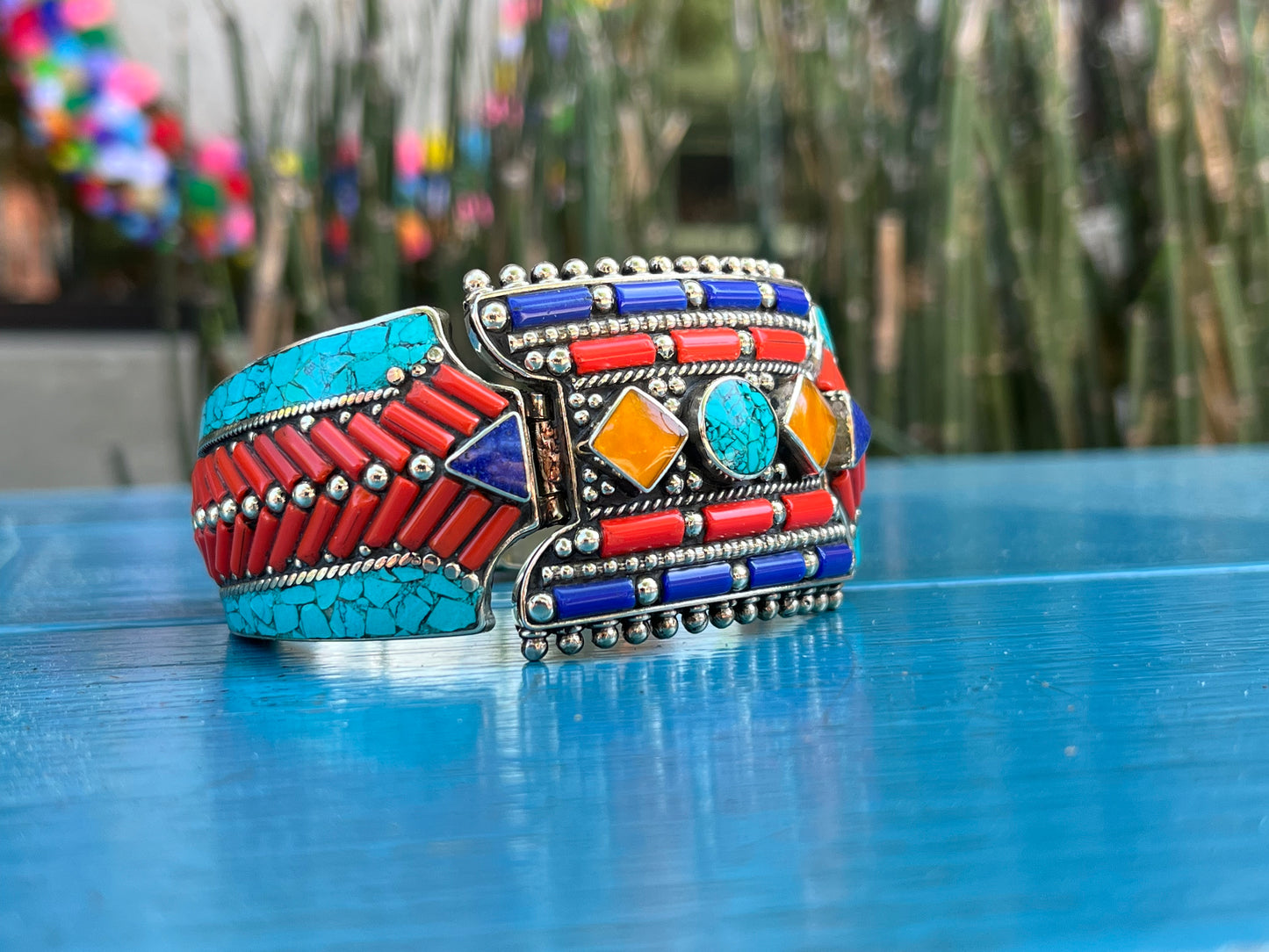 TIBETAN-G SILVER+TURQUOISE+RED CORAL+LAPIS LAZULI+AMBER CUFF BRACELET