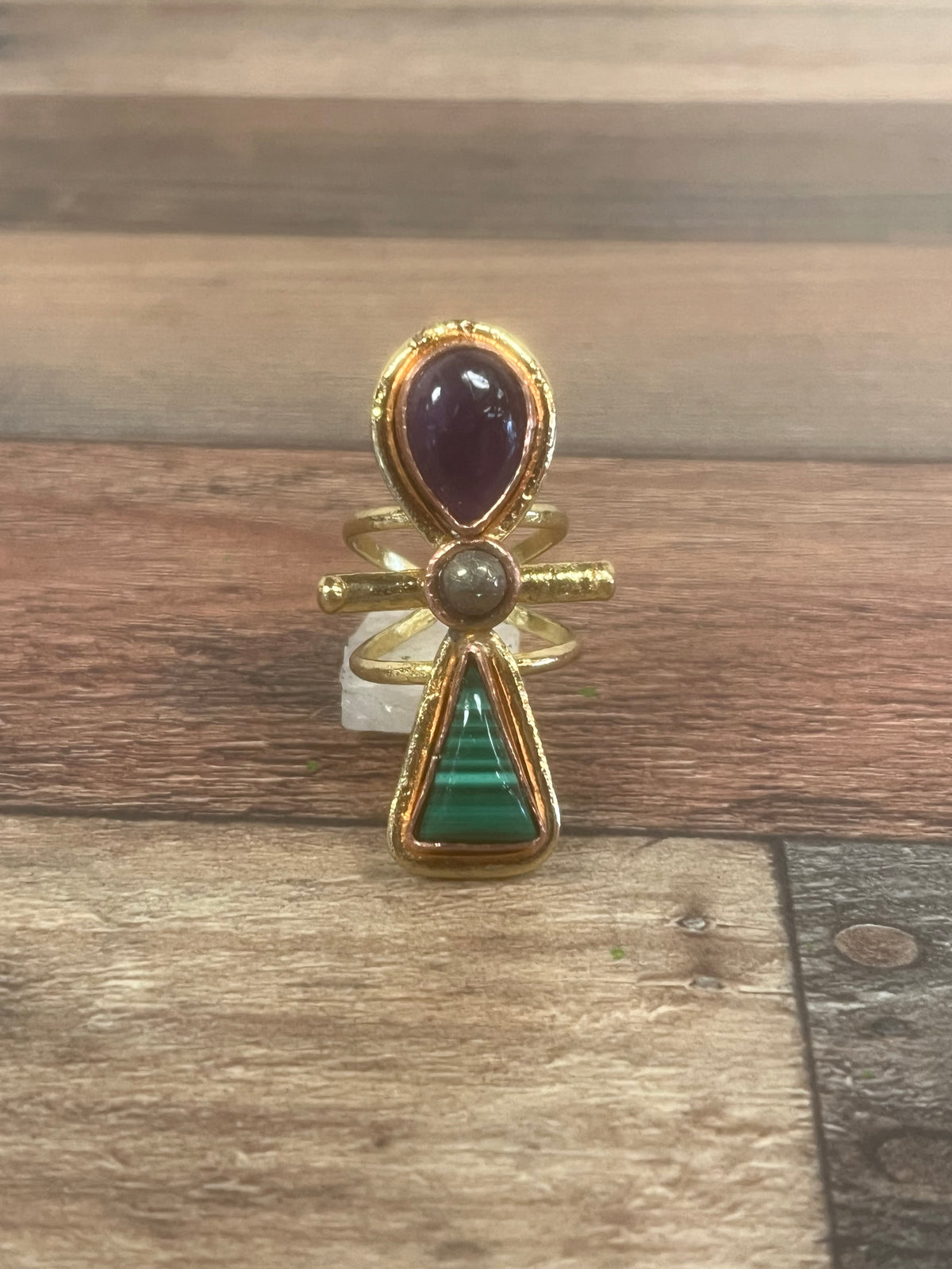 AMETHYST+PYRITE+MALACHITE ANKH RING IN BRASS+COPPER