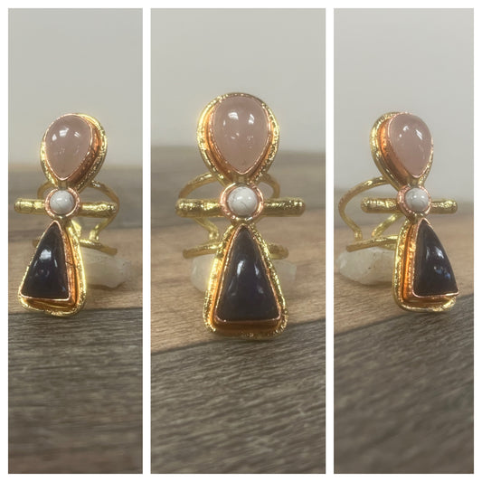 ROSE QUARTZ+HOWLITE +LAPIS LAZULI ANKH RING IN BRASS+COPPER