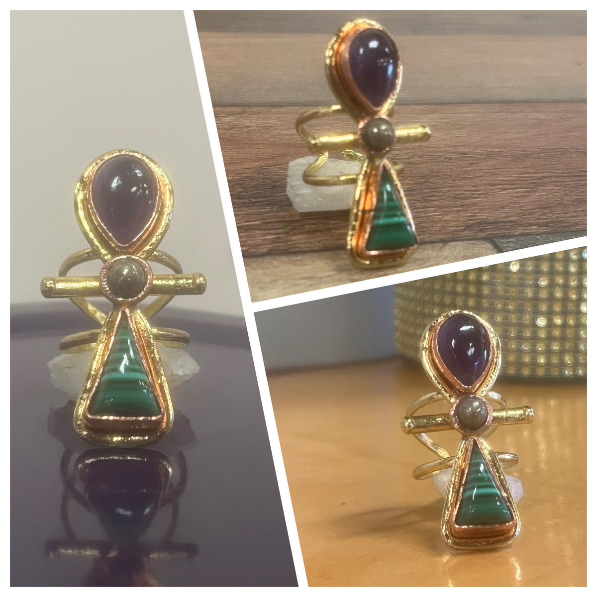 AMETHYST+PYRITE+MALACHITE ANKH RING IN BRASS+COPPER