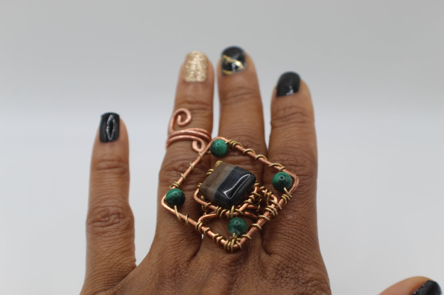 COPPER+TIGERS EYE+MALACHITE PARTY RING