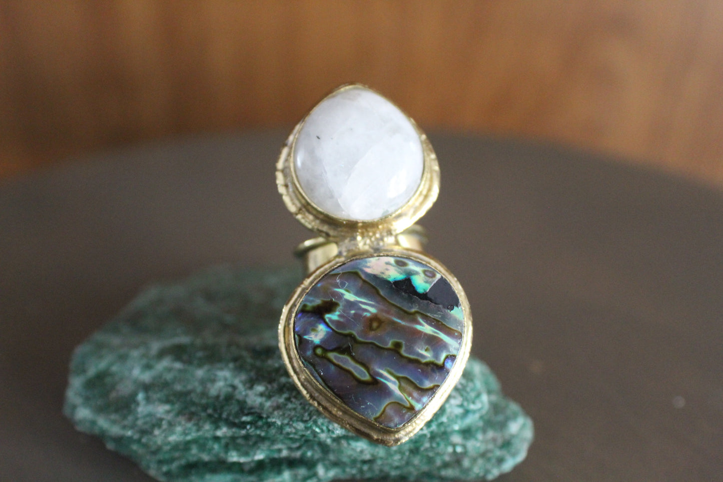 BRASS+MOONSTONE+ ABALONE SHELL RING