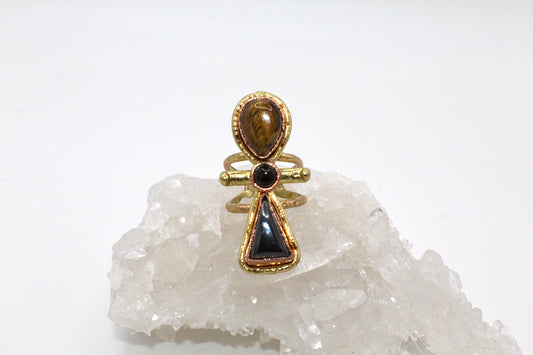 BRASS+COPPER+TIGERS EYE+ONYX+HEMATITE ANKH RING