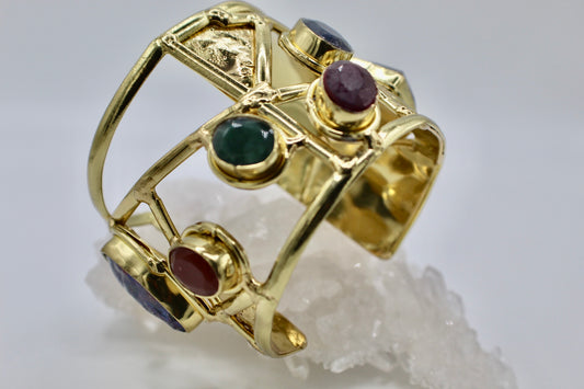 BRASS+CARNELIAN+LAPIS LAZULI+AVENTURINE+ PEARL+SMOKEY QUARTZ CUFF BRACELET