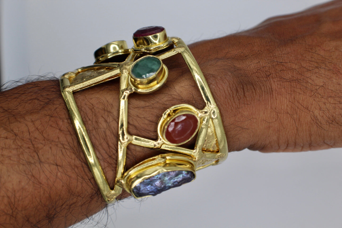 BRASS+CARNELIAN+LAPIS LAZULI+AVENTURINE+ PEARL+SMOKEY QUARTZ CUFF BRACELET