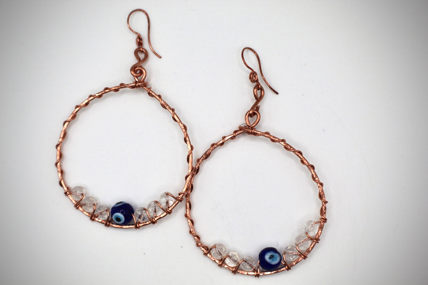 COPPER+CLEAR QUARTZ+NAZAR BEAD EARRINGS