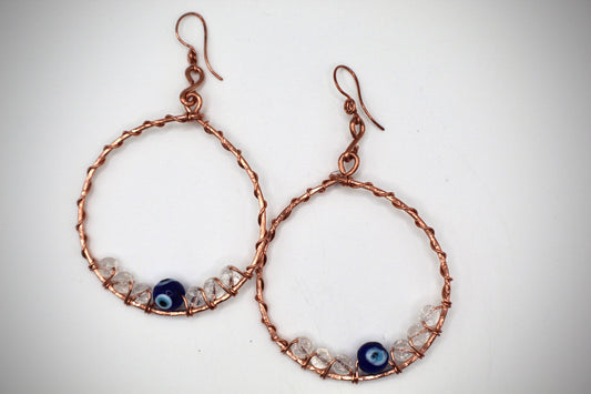 COPPER+CLEAR QUARTZ+NAZAR BEAD EARRINGS