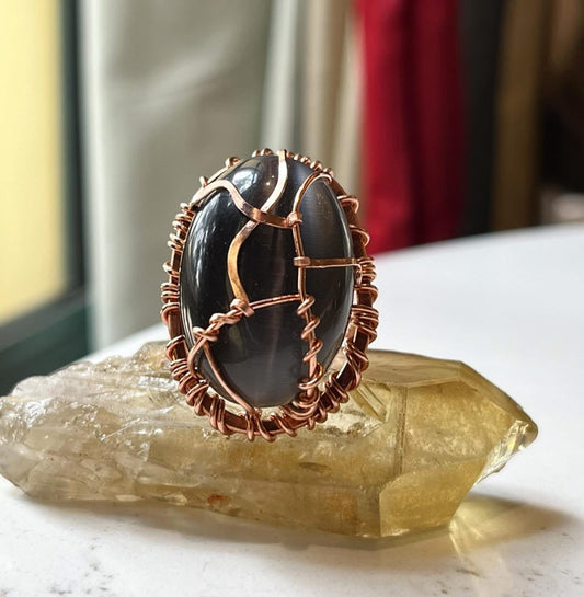 COPPER+CAT’S EYE/SELENITE RING