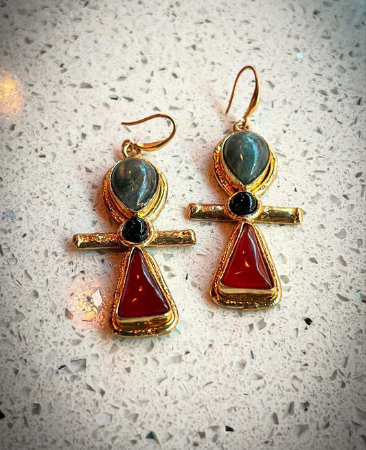 LABRADORITE+ONYX+CARNELIAN ANKH EARRINGS IN BRASS