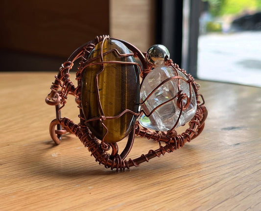 TIGERS EYE+CLEAR QUARTZ+SILVER BALL BRACELET IN COPPER