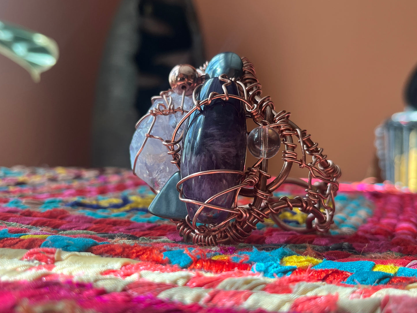 ÁNGEL AMETHYST+HEMATITE+CLEAR QUARTZ BRACELET IN COPPER