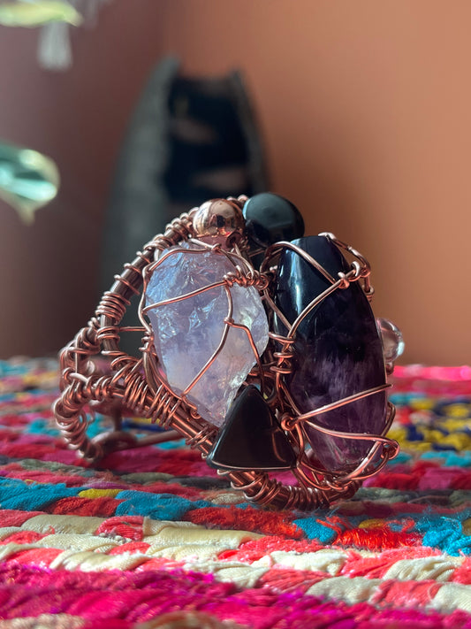 ÁNGEL AMETHYST+HEMATITE+CLEAR QUARTZ BRACELET IN COPPER