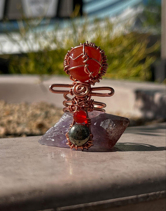 CARNELIAN+PYRITE ANKH RING IN COPPER