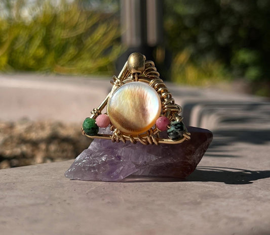 ABALONE SHELL+RUBY ZOISITE+RHODONITE “TRIANGULIGHT” RING IN BRONZE