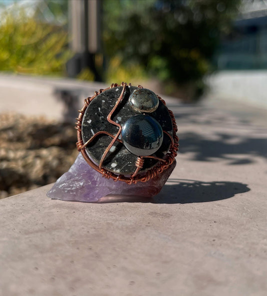 POPPY JASPER+HEMATITE+PYRITE RING IN COPPER