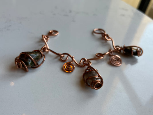 UNAKITE+MOONSTONE+TIGERS EYE CHARM BRACELET IN COPPER