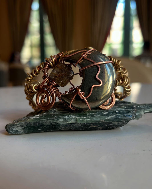 PYRITE CRESCENT+BROWN KYANITE BRACELET IN COPPER+BRONZE