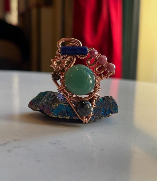 AVENTURINE+LAPIS LAZULI+IOLITE+RHODONITE RING IN COPPER