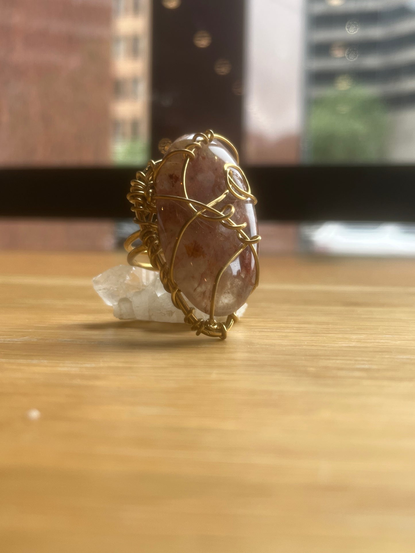 FIRE RED QUARTZ/SUNSTONE RING IN BRONZE
