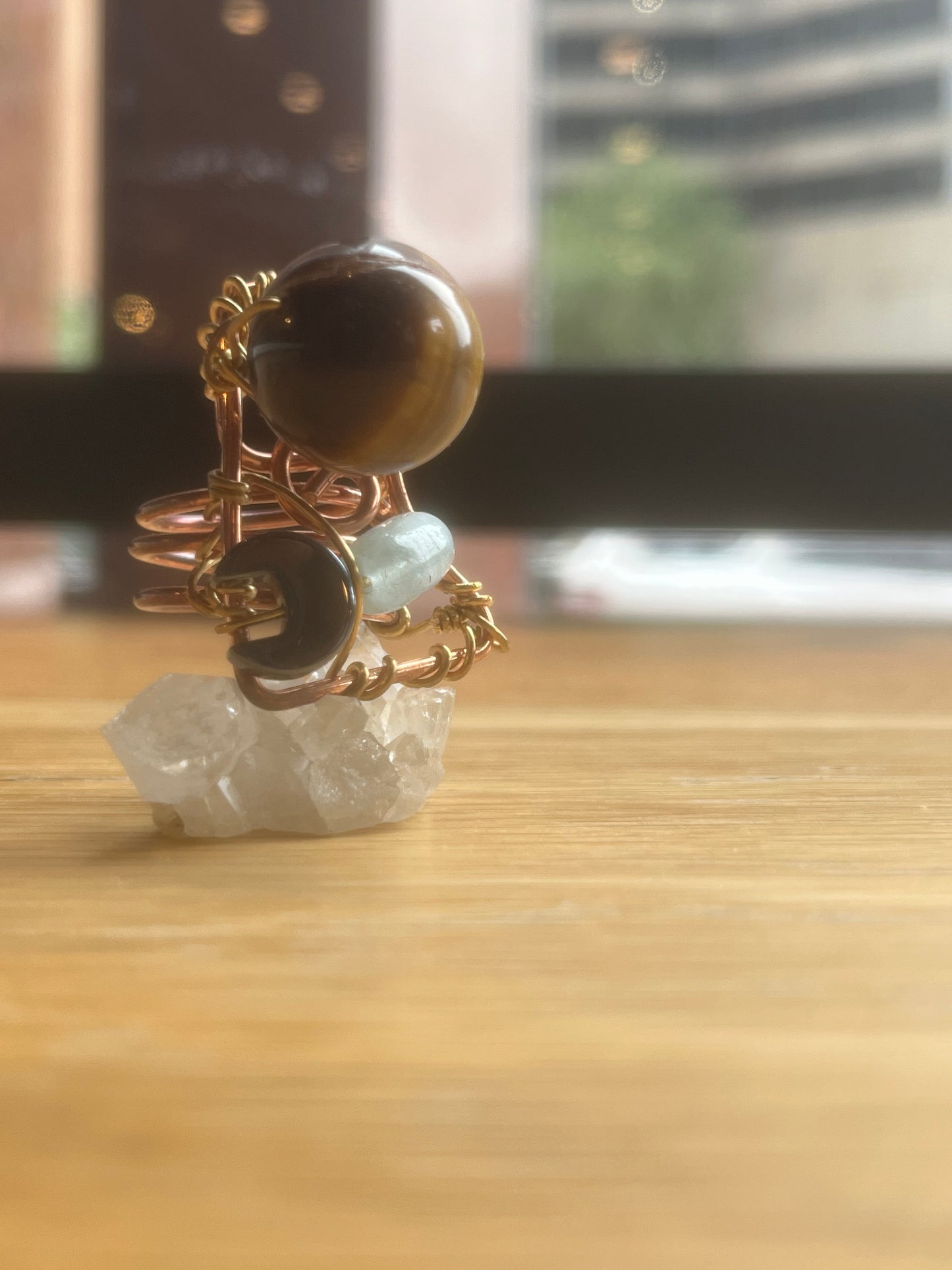 TIGERS EYE+AQUAMARINE+HEMATITE CRESCENT PARTY RING IN COPPER & BRONZE