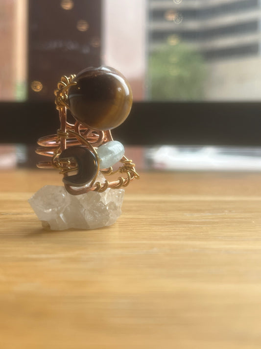TIGERS EYE+AQUAMARINE+HEMATITE CRESCENT PARTY RING IN COPPER & BRONZE