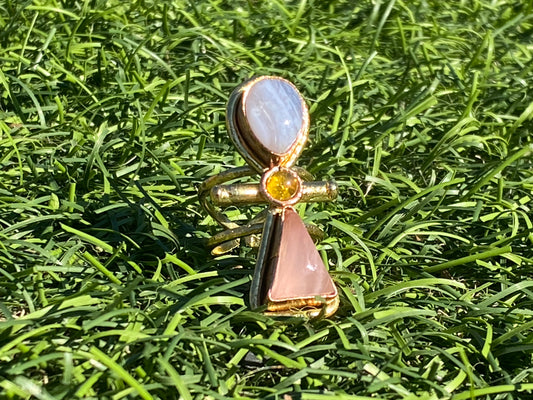 BRASS+COPPER+ROSE QUARTZ+AMBER+BLUE LACE AGATE ANKH RING