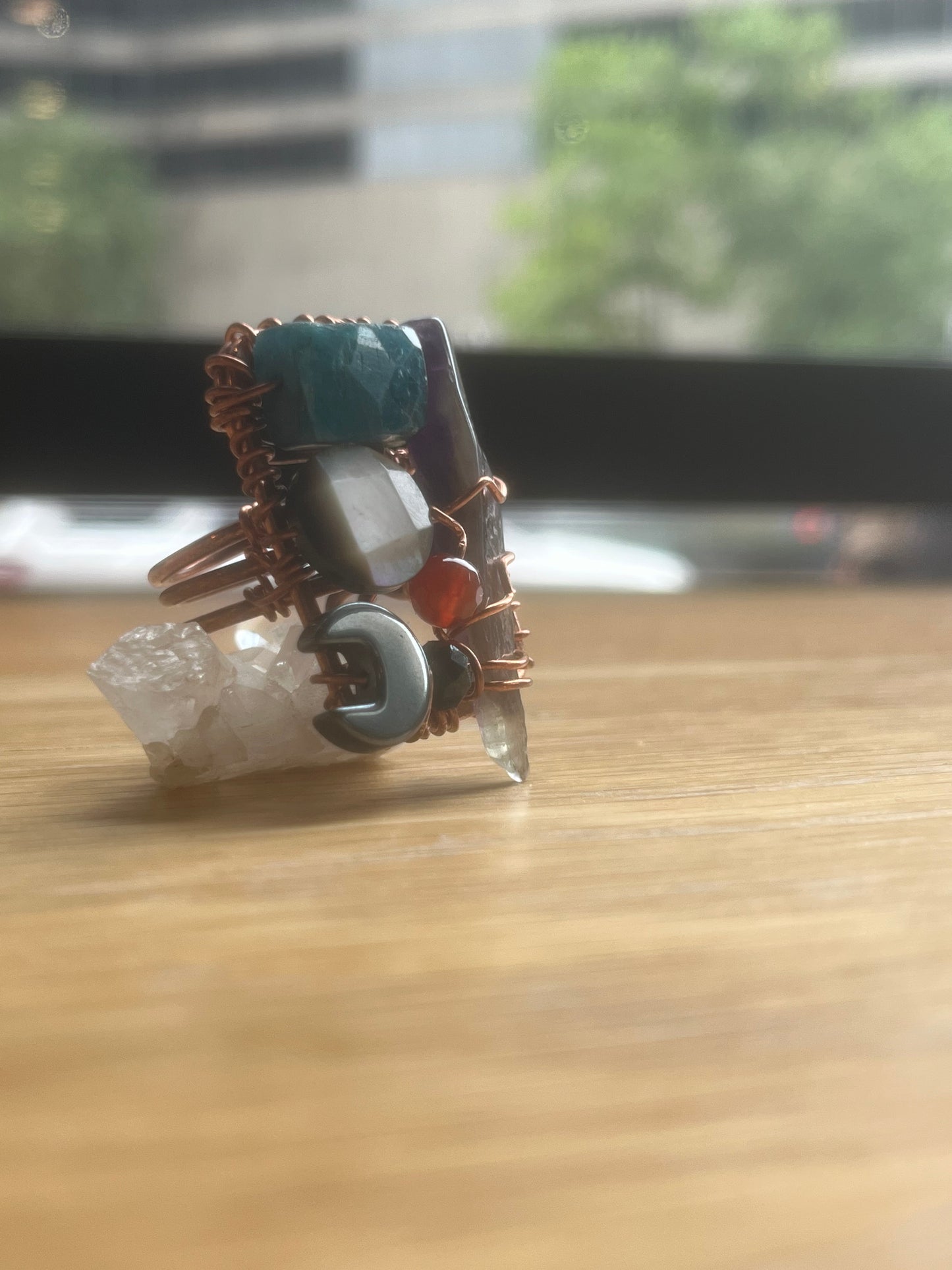 AMETHYST+ABALONE+APPETITE+CARNELIAN+HEMATITE PARTY RING IN COPPER