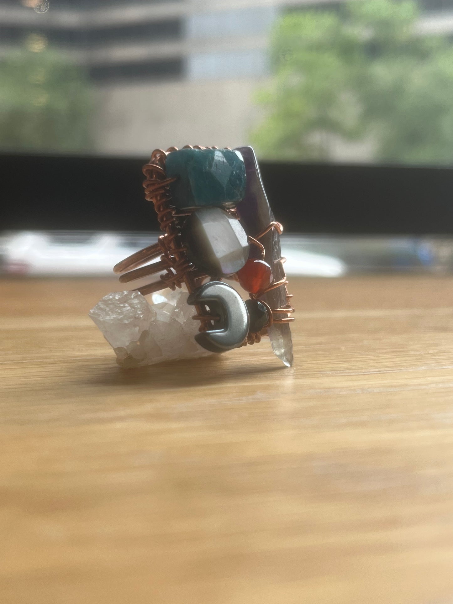 AMETHYST+ABALONE+APPETITE+CARNELIAN+HEMATITE PARTY RING IN COPPER