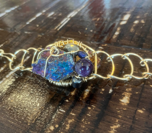CHALCOPYRITE+PYRITE+AMETHYST+ HEMATITE ARCLINK BRACELET IN BRONZE