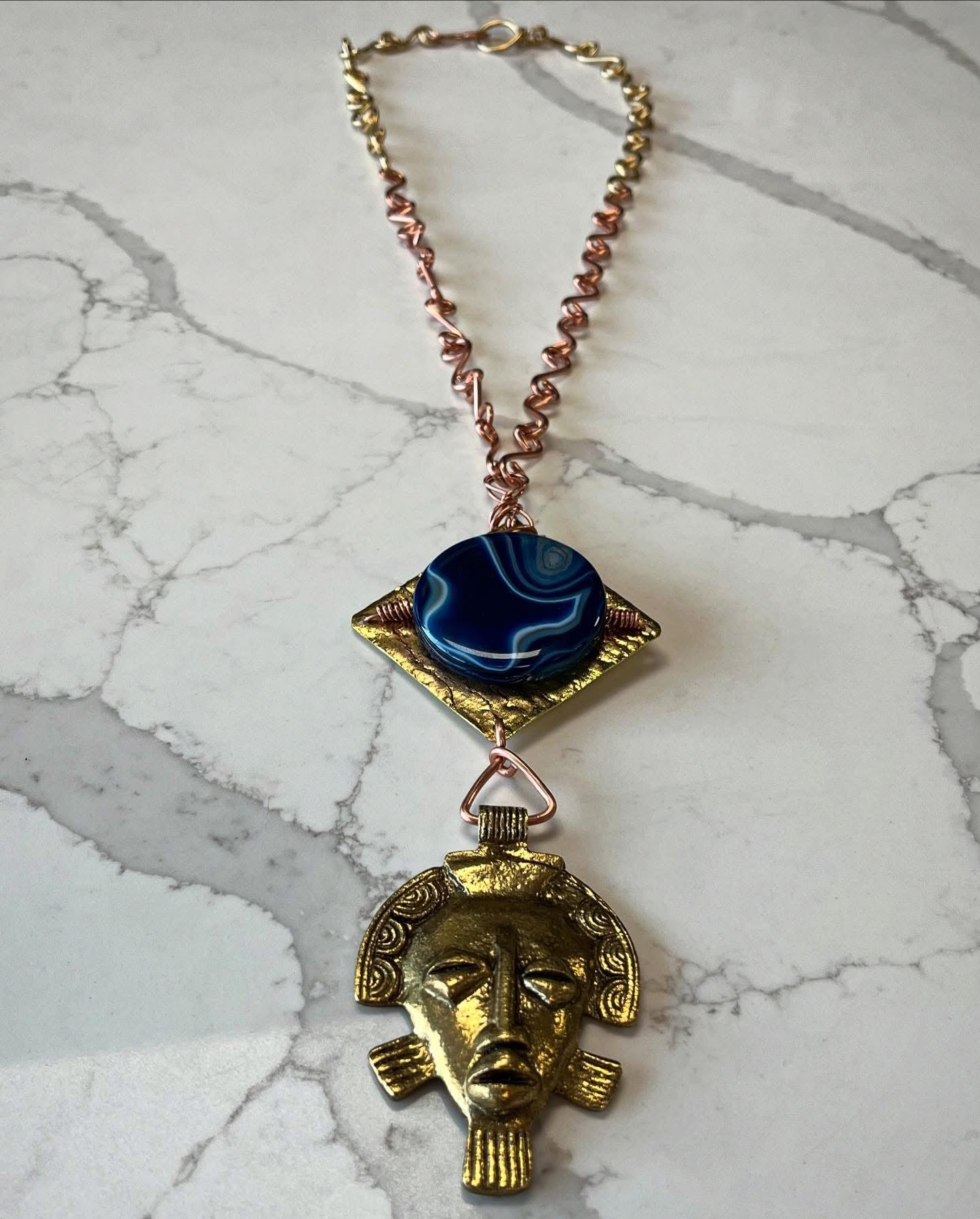 BLUE AGATE+BRASS AFRICAN MASK NECKLACE IN COPPER+BRONZE