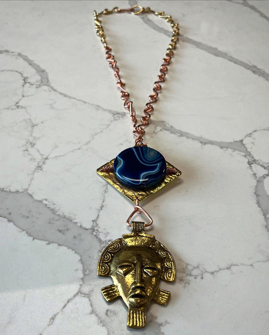 BLUE AGATE+BRASS AFRICAN MASK NECKLACE IN COPPER+BRONZE