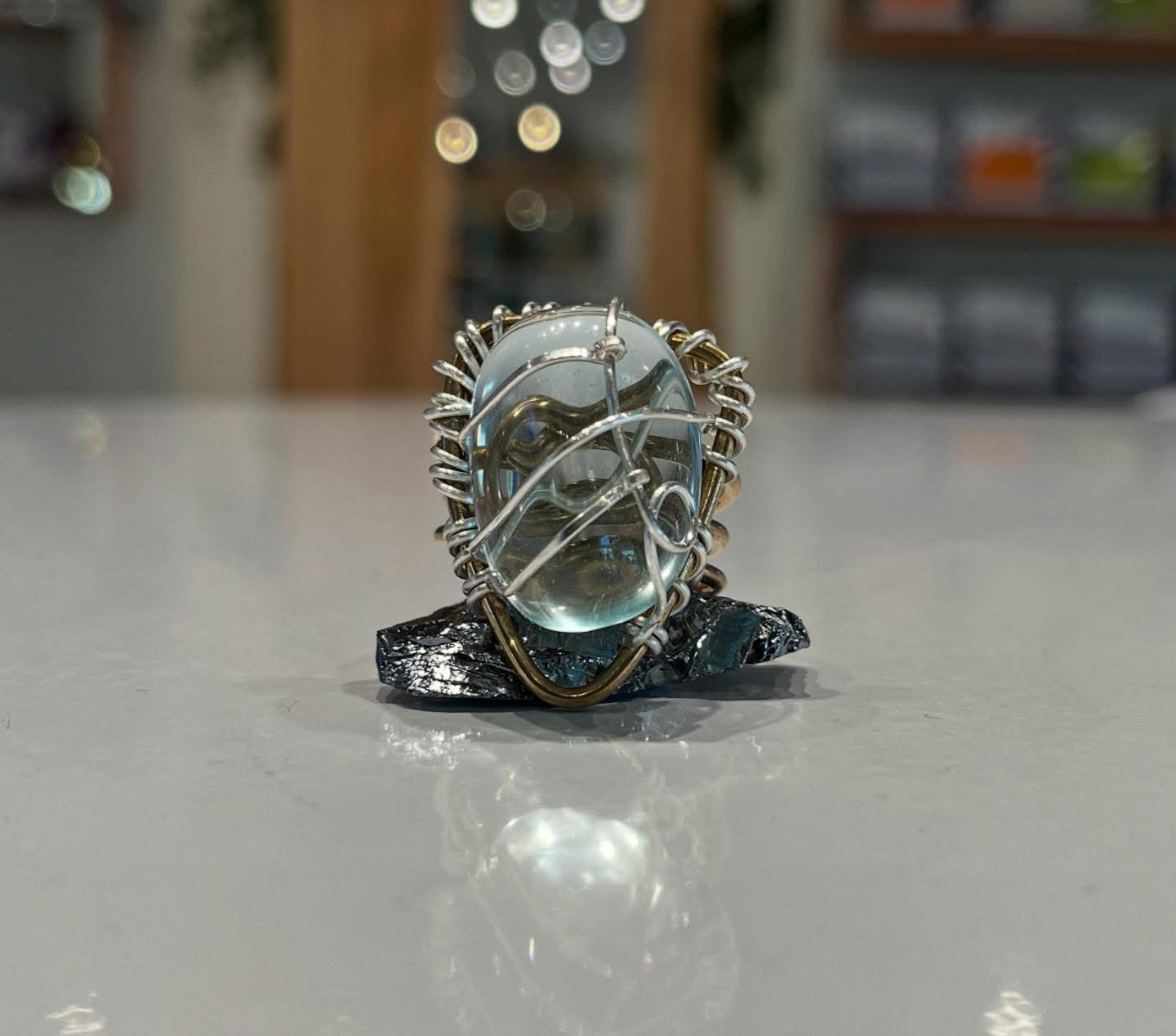 BLUE OBSIDIAN RING IN BRONZE+SILVER